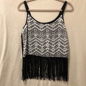 Aztec/Western style fringe black & white top